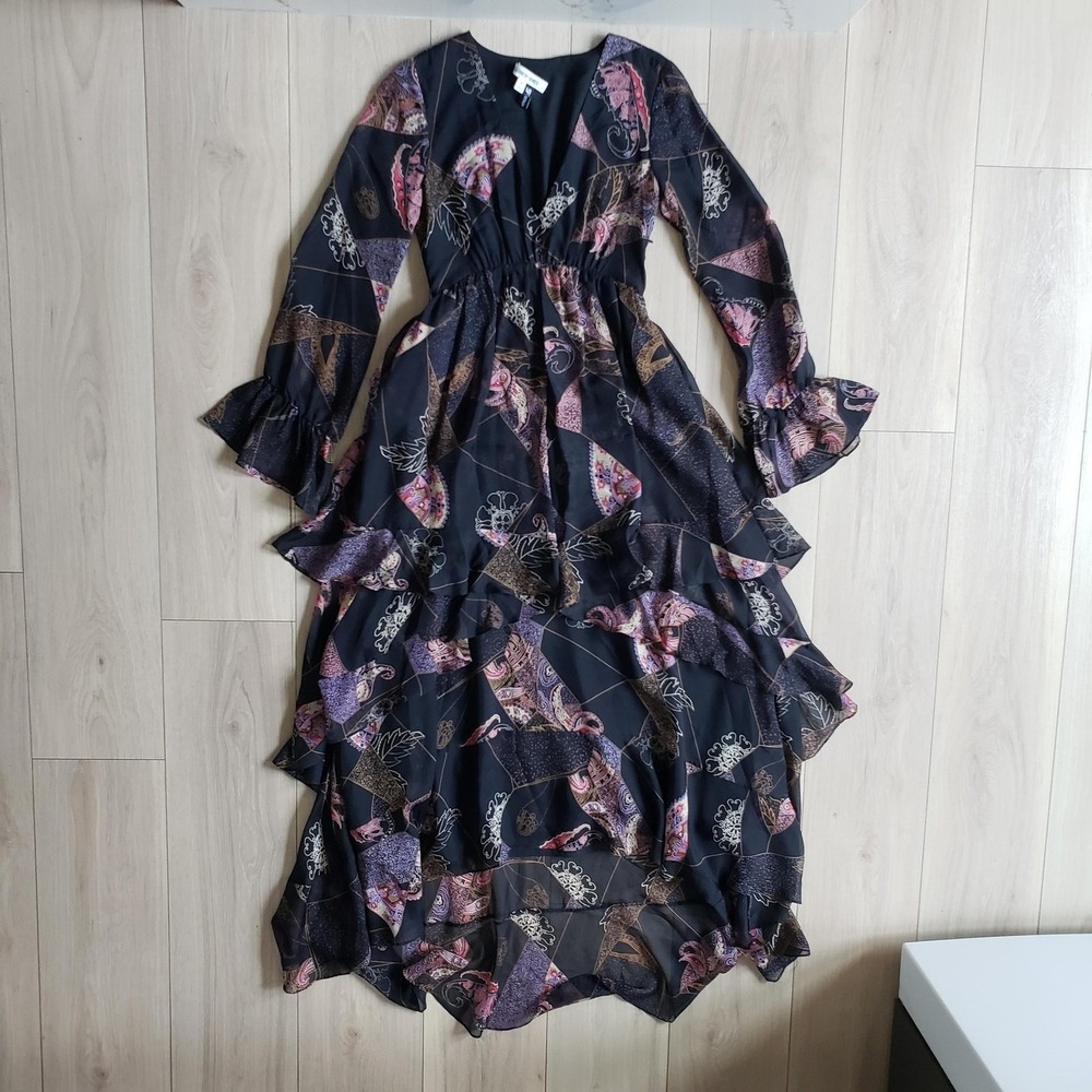 Elizabeth James Dress Womens 0 Black Paisley Silk Tiered Long Sleeve Maxi